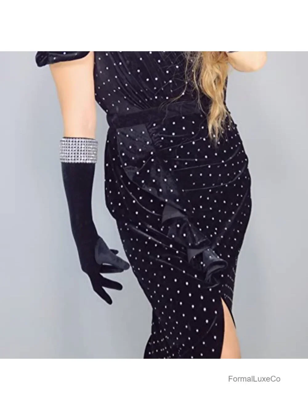 Long Velvet Gloves Rhinestone Stretch Cuff 16